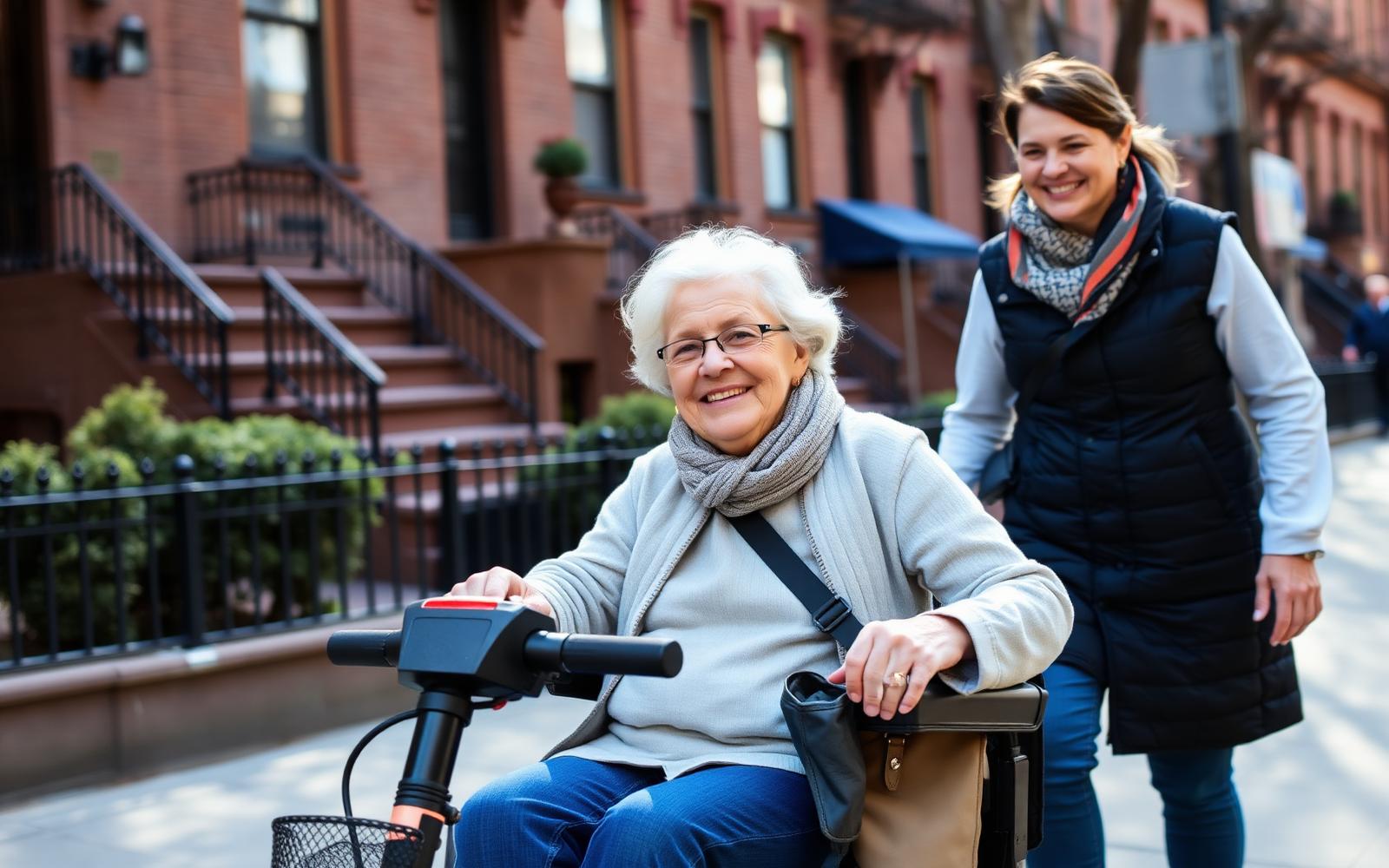 A woman on a mobility scooter with her caregiver on a New York City sidewalk